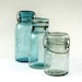 Antique Blue Mason Jars with Glass Lids - 1/2 gallon, quart and pint size - Set of 3 Ball and Clark's Jars