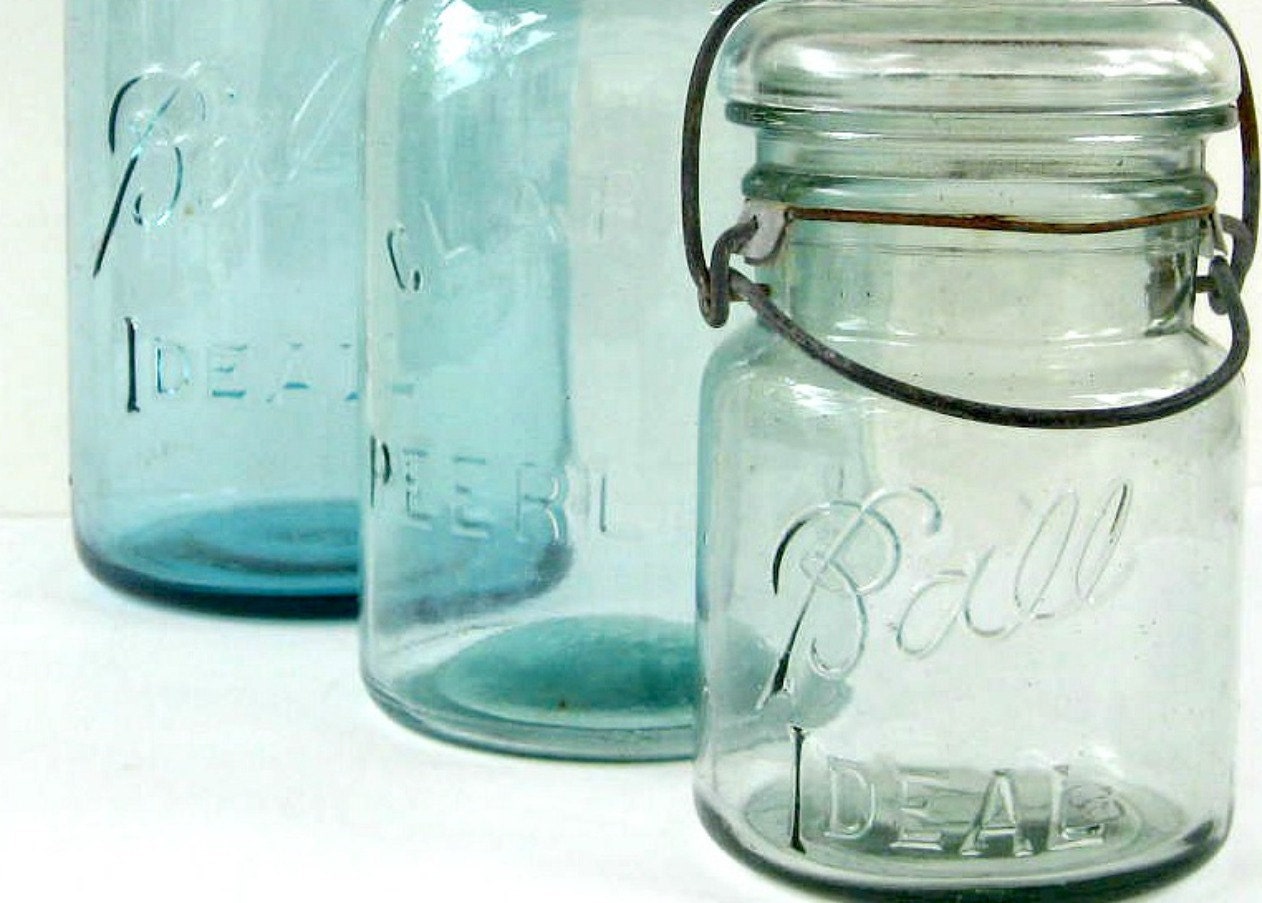 Antique Blue Mason Jars with Glass Lids - 1/2 gallon, quart and pint size - Set of 3 Ball and Clark's Jars