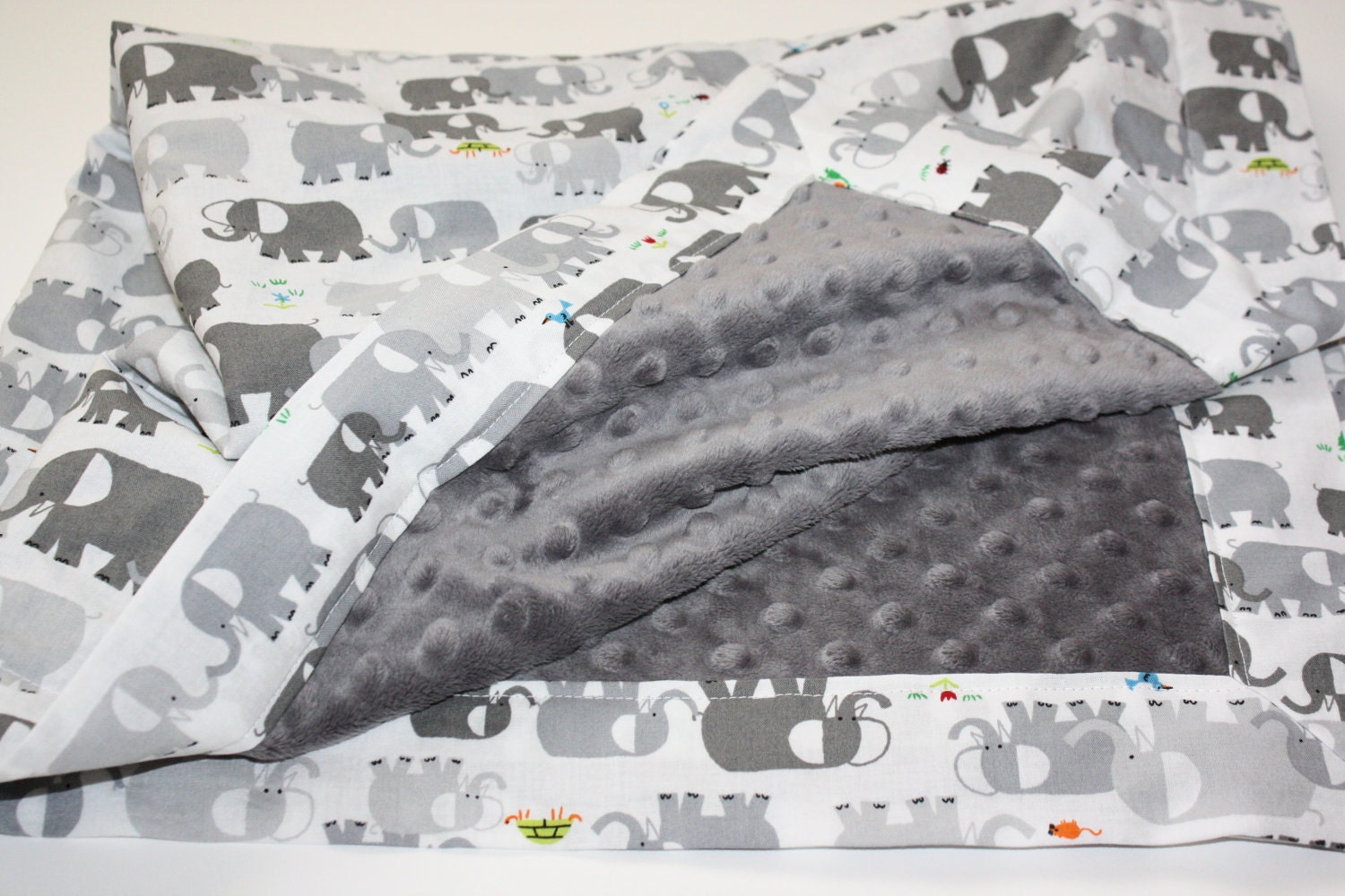 Organic Baby Blanket - Happy Drawing by Ed Emberley - Elephants with Charcoal Minky (30 X 32)