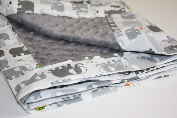 Organic Baby Blanket - Happy Drawing by Ed Emberley - Elephants with Charcoal Minky (30 X 32)