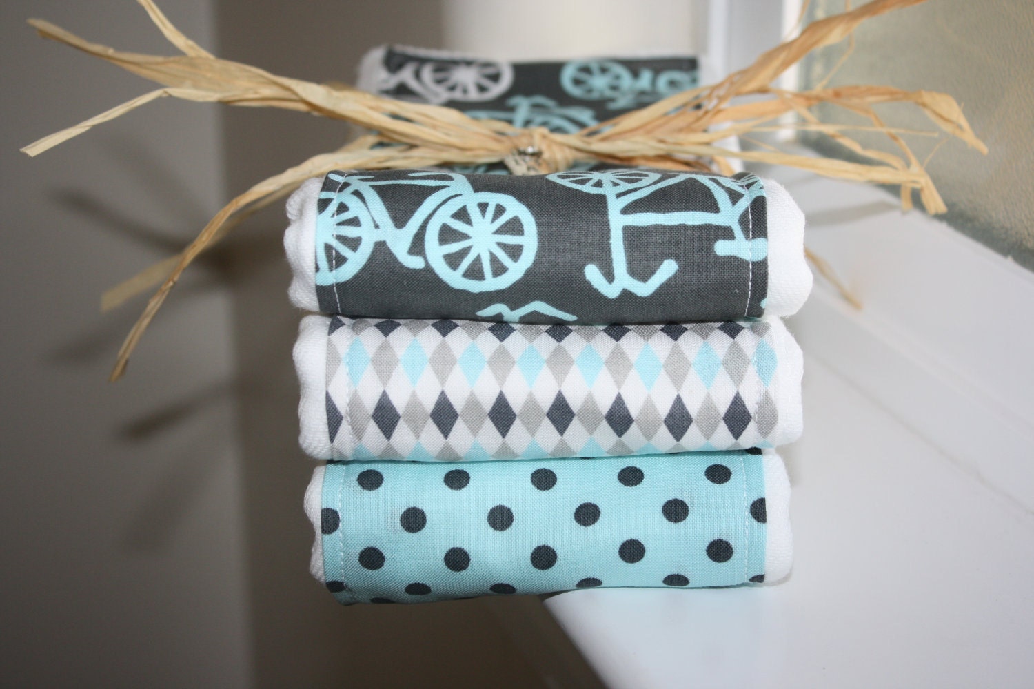 Baby Burp Cloths - Set of 3 - Michael Miller It's a Boy Thing Bicycles in Charcoal and Blue
