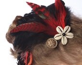 GOTH GRIZZLY FEATHER belly dance fascinator  Red Poison Rockabilly hair jewelry Reenactment fantasy Dark Wedding head piece Tribal Fusion