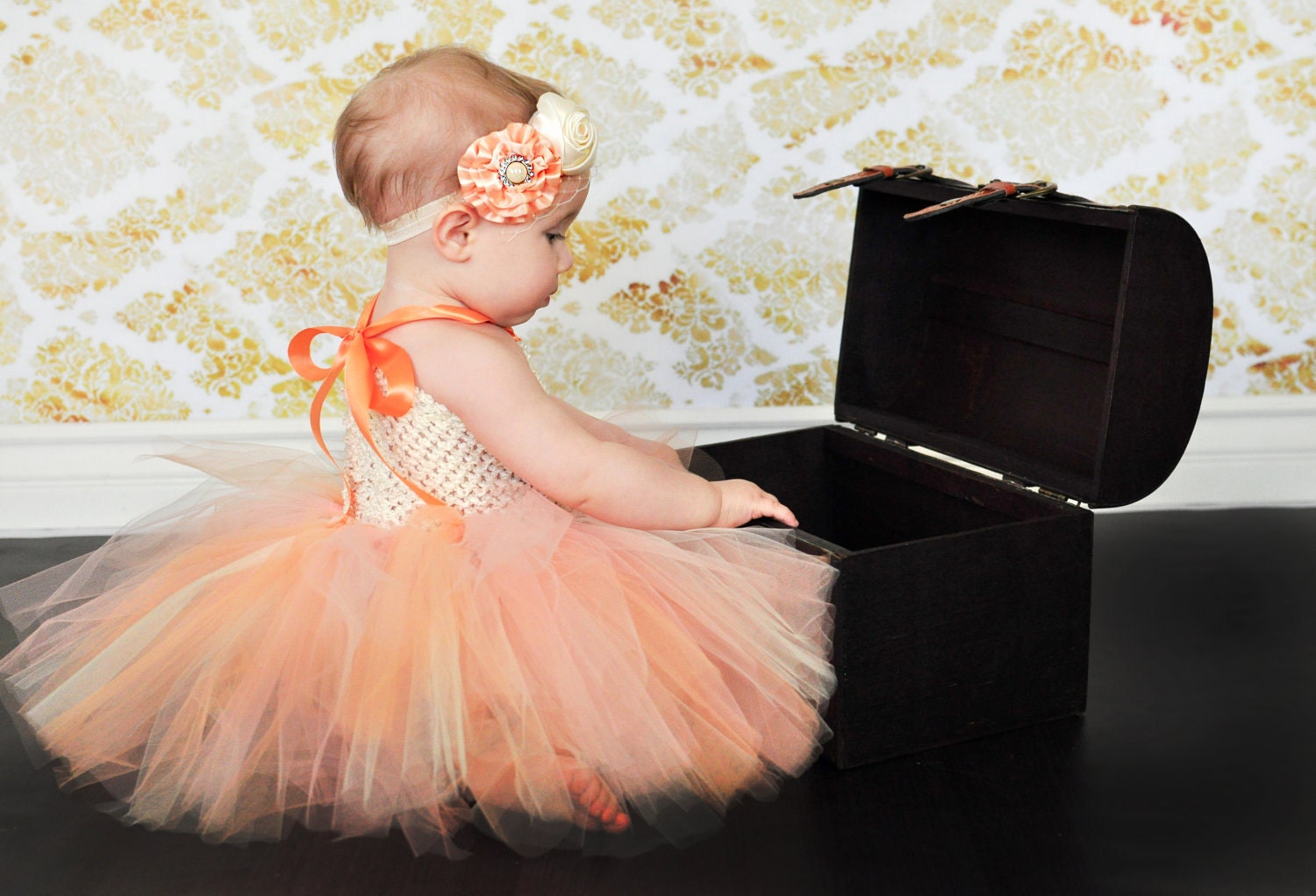 baby girls tutu dress halter ties crochet bodice peaches and cream up to 4T available