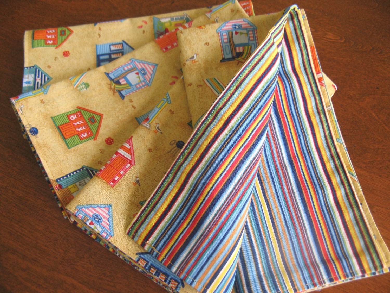 Beach Houses Cloth Napkins, Multi Color Stripes, Blue and Tan, Reversible, 18 Inch, Set of Four