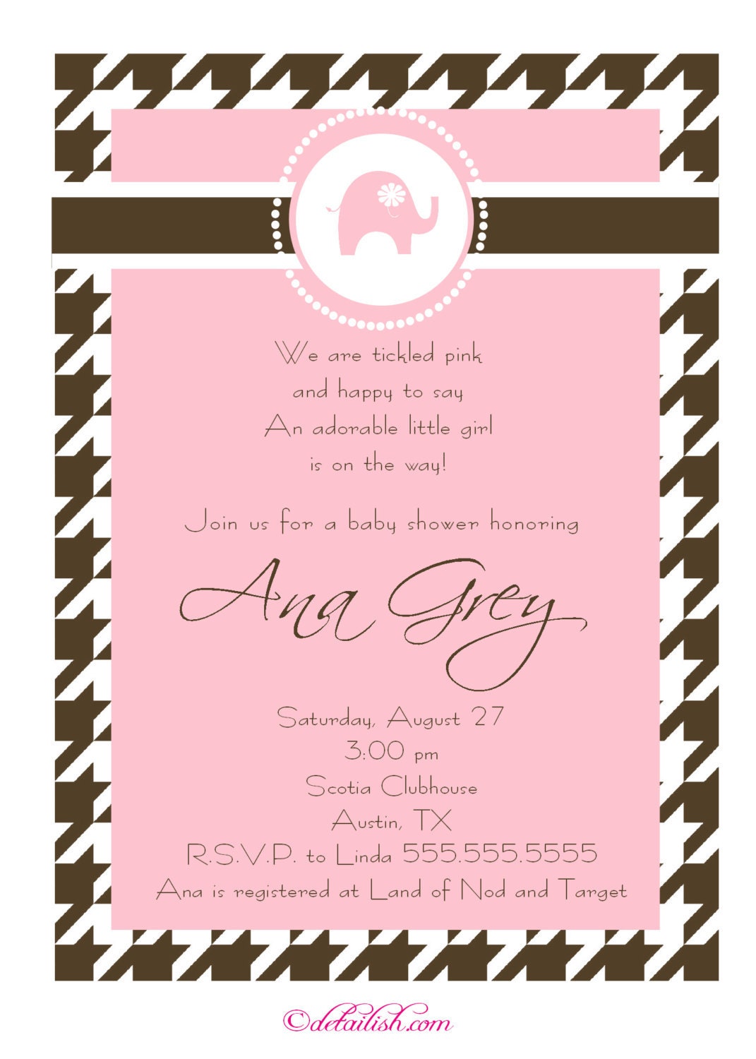 Pink Houndstooth Elephant Girl Baby Shower Invitation - Printable uprint 308 Il_570xn