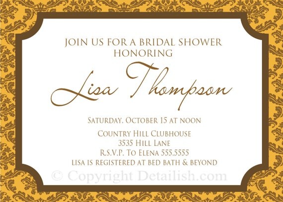 Autumn Fall Brown and Orange Damask Bridal Shower Invitation - Printable Uprint 315 Il_570xn