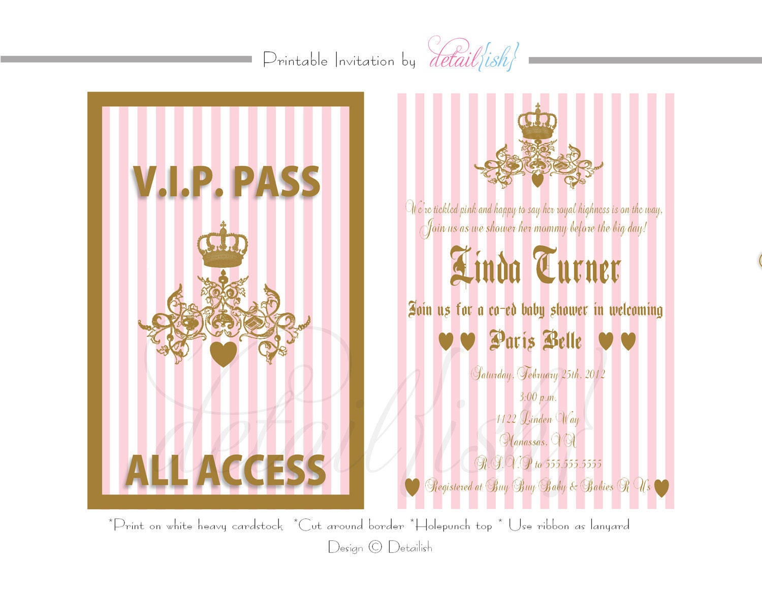 Juicy Couture Inspired Couples Baby Shower VIP Pass Invitation - Her Royal Highness - Printable DIY 344 Il_570xn