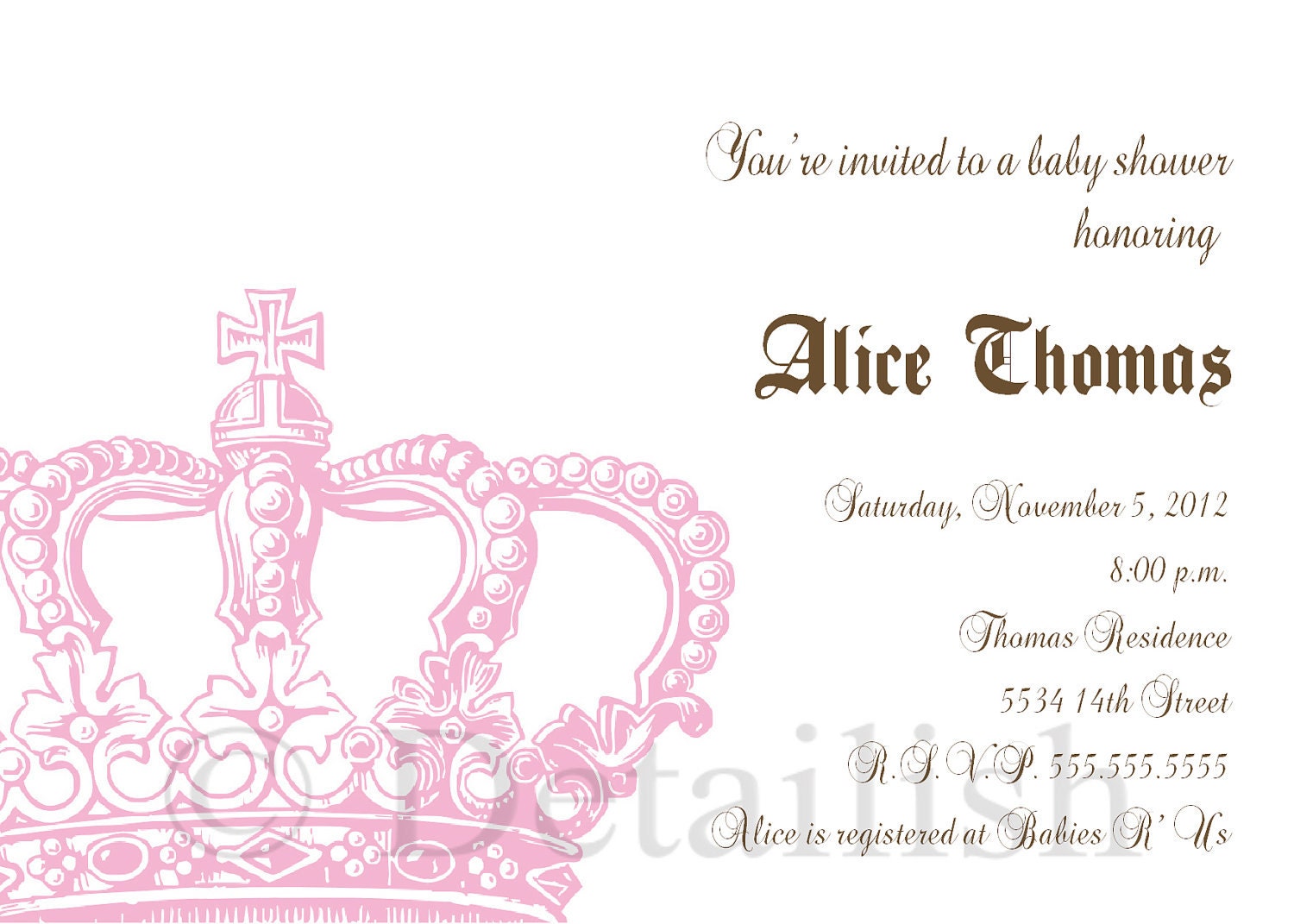 Royal Princess Pink Crown Baby Shower Birthday Bridal Shower Printable Invitation - EMAIL OR DIY Uprint 217 Il_570xn