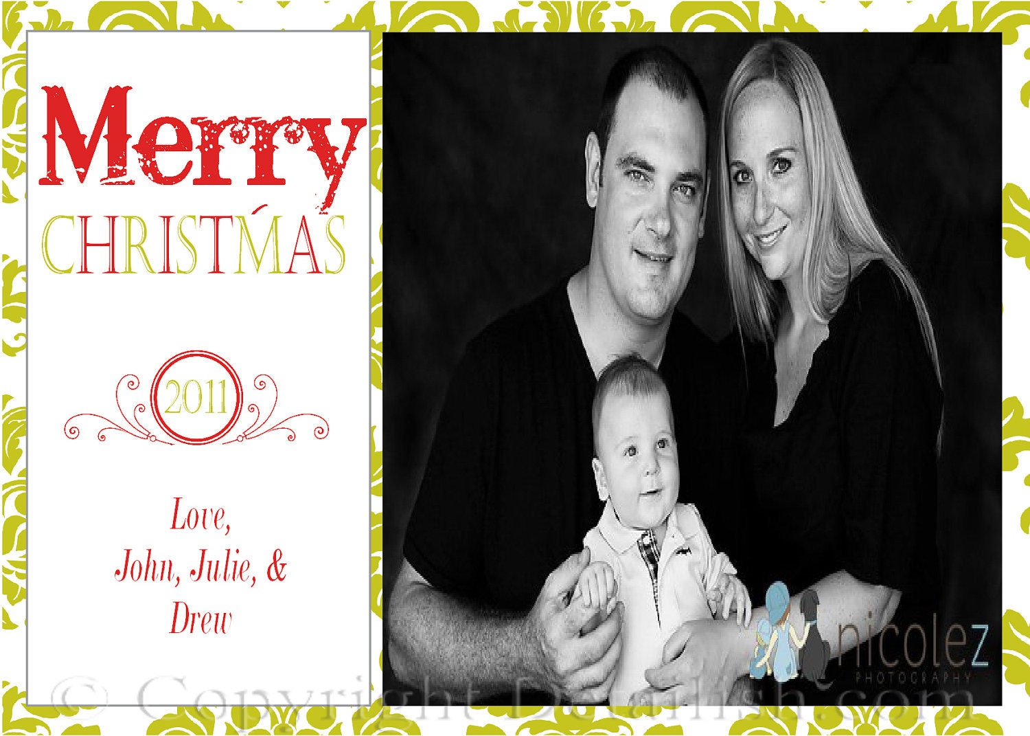 Merry Christmas Damask Family Photo Card - Printable - Print as many as you need