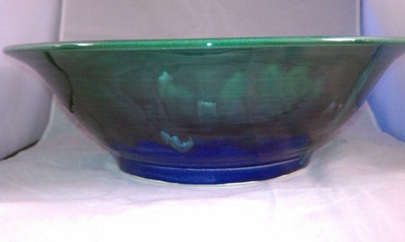 Large electic blue and emerald green bowl with glaze crystals