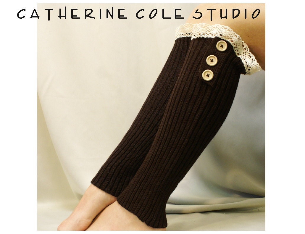 IRREGULAR Imperfect  lace leg warmers ROOMIER calf fit  womens 3 wood button  chocolate by Catherine Cole Studio  all sales final