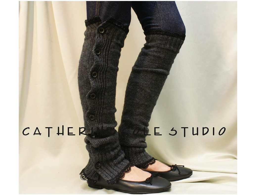 SALE GREY Button down  black lace edged leg warmers women great with or without boots Catherine Cole Studio lace legwarmers