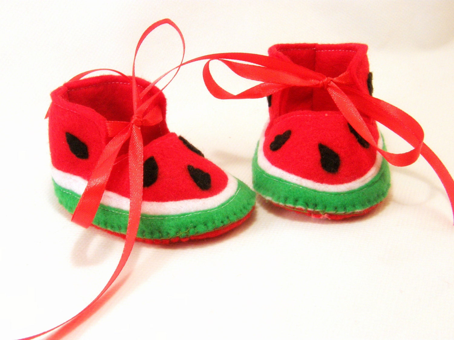 Watermelon baby booties , felt shoe felt baby booties fruit novelty green red newborn baby shoes summer