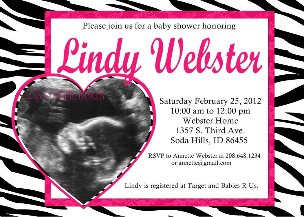 Baby Shower Invitation Zebra Hot Pink Ultrasound Heart or Circle Customizable Printable