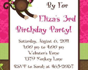 Monkey Birthday Invitations Pink Swinging Monkey Photo Options Customizable Printable