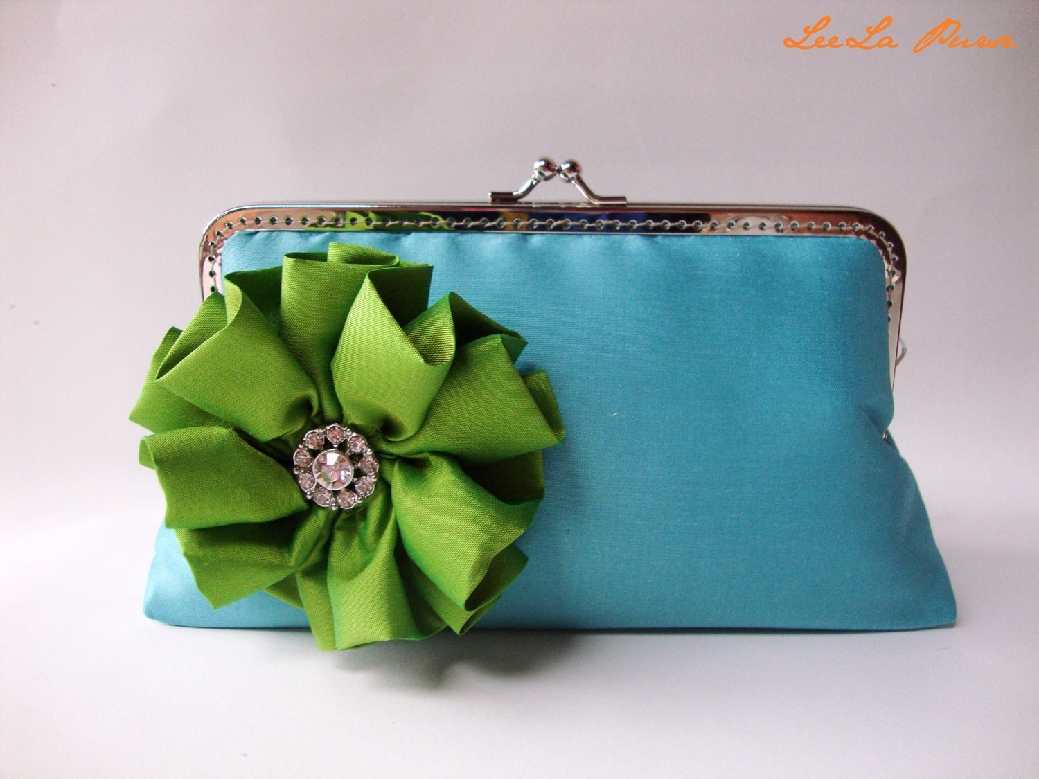 Evening Silk handbag / Bridesmaid gifts - Turquoise Clutch Purse with green Silk Precious Pleats Flower Brooch - Free Chain strap