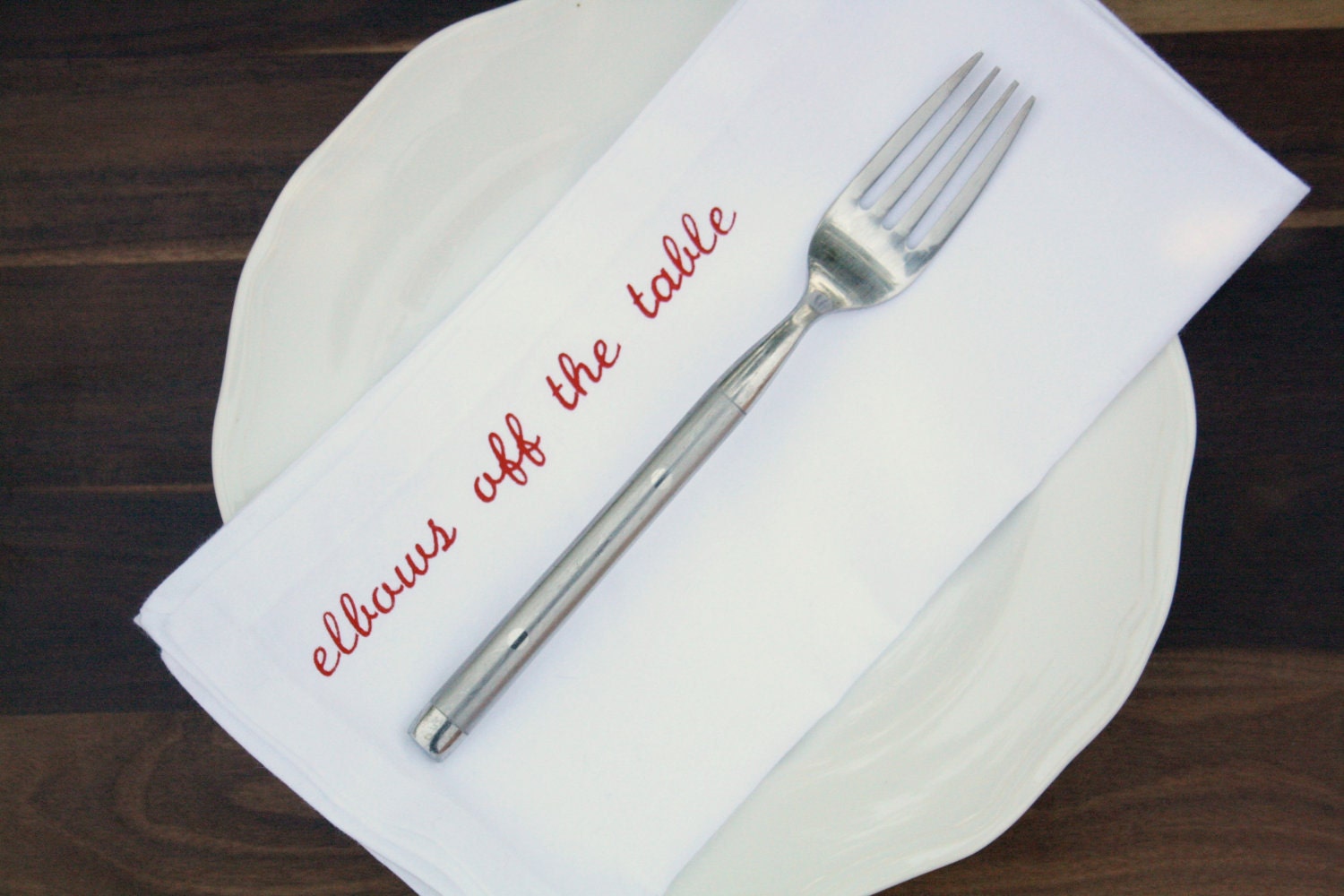 Cloth Dinner Napkins Mind Your Manners set of 4 red screen printed napkins