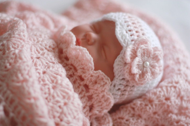 Crochet Baby Blanket / Afghan and Hat, Pink White, Newborn