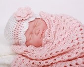 Crochet Baby Blanket / Afghan , Pink with White Granny Square Crochet Blanket and Hat , Baby Shower Gift
