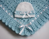 Crochet Baby Blanket / Afghan and Hat  Blue White Christening, Baptism, Baby Granny Square Crochet Blanket, gift