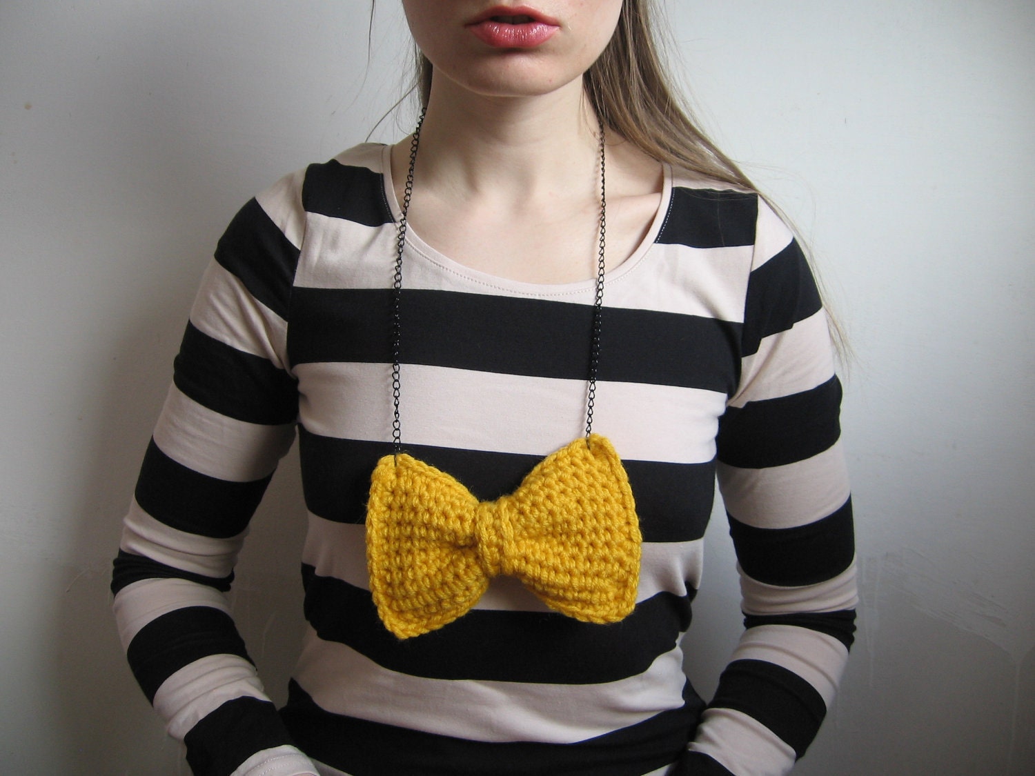 chunky crochet bow necklace - yellow - extra large - bold playful