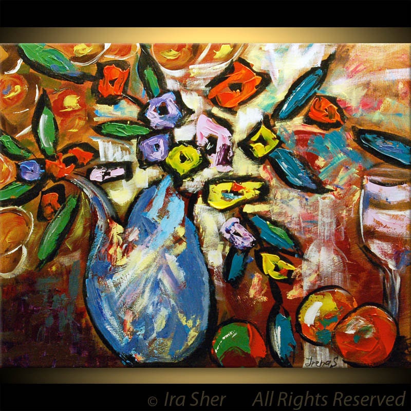 ORIGINAL Modern Fine Art Bouquet Flowers Impasto texture Palette knife impressive large Painting Still Life Party by IraSher