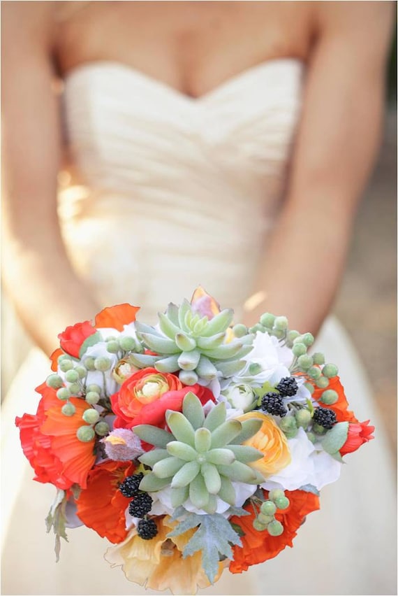 Bouquet with Vibrant Poppies, Succulents, Ranunculus and Blackberries (with Boutonniere)
