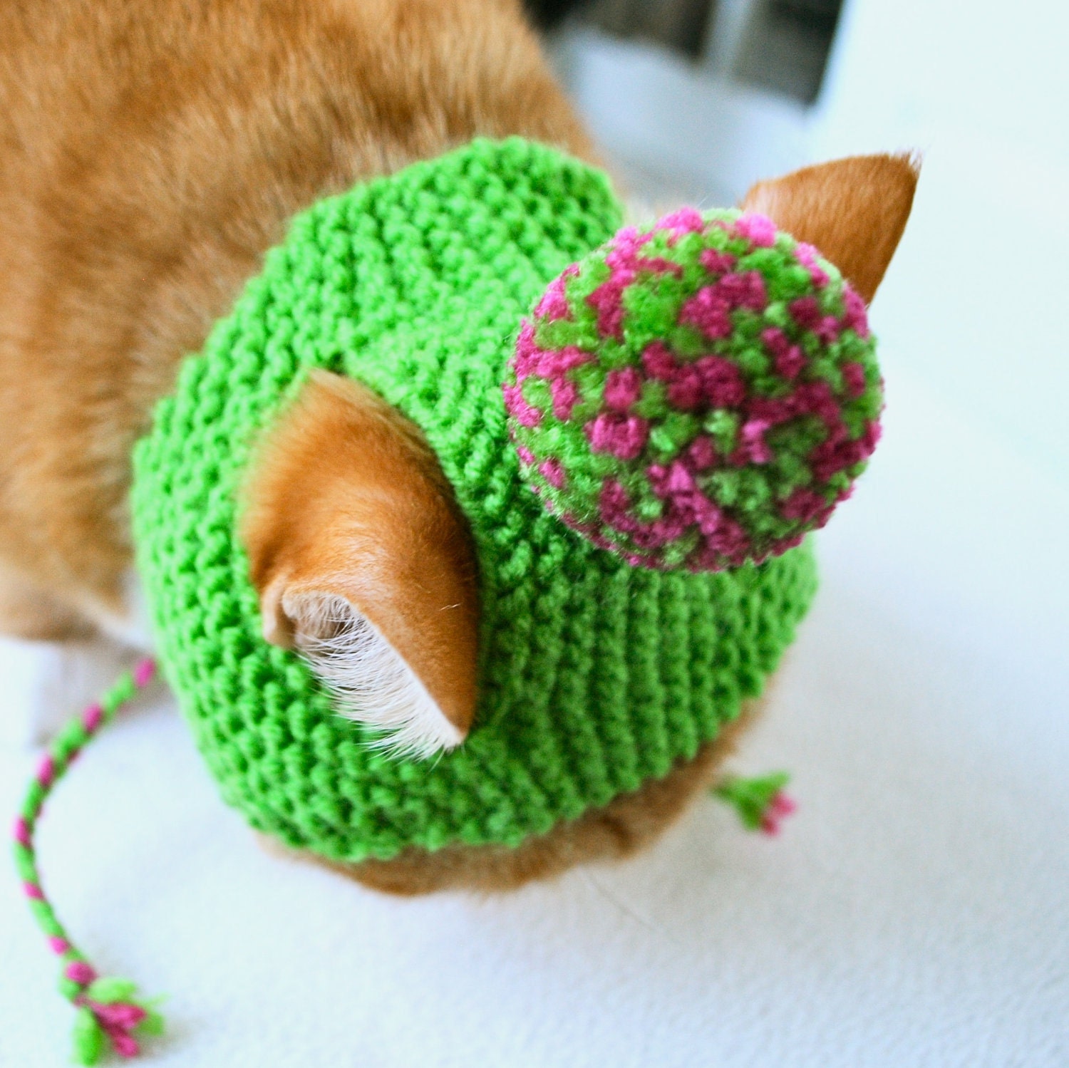 Pom Pom Cat Hat - Pink and Lime Green