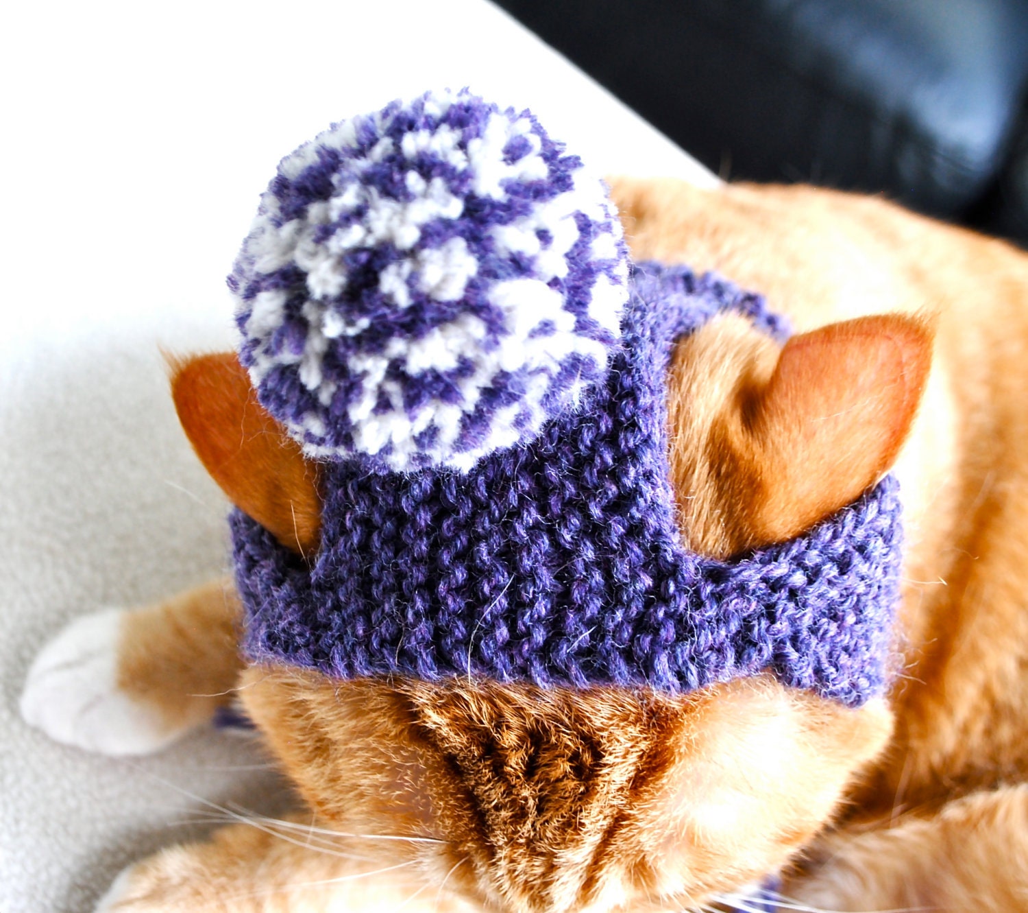 Pom Pom Cat Hat - Purple and White