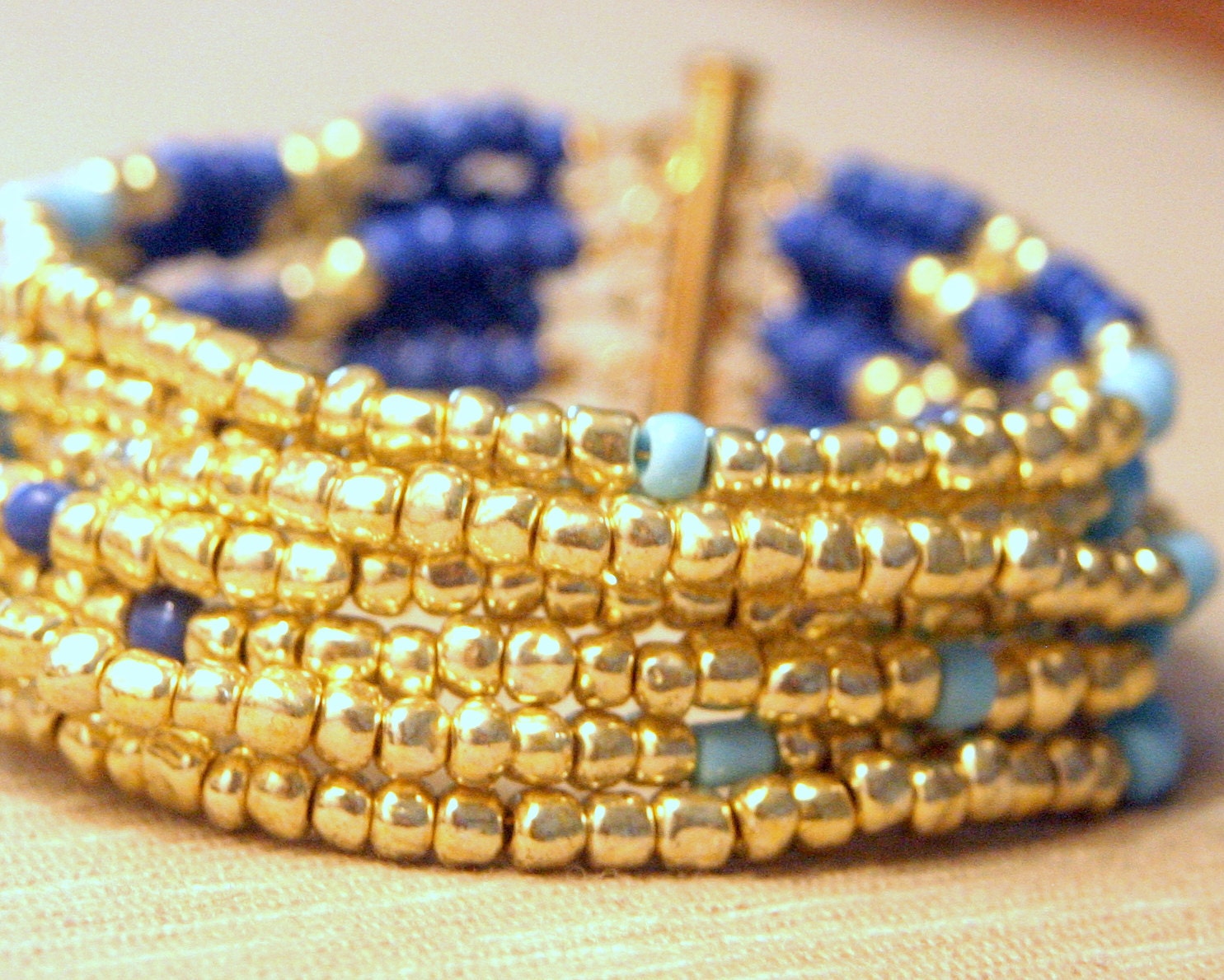 SPARTA beaded cuff bracelet blue, turquoise and gold. Fashion bracelet, Custom sizes available