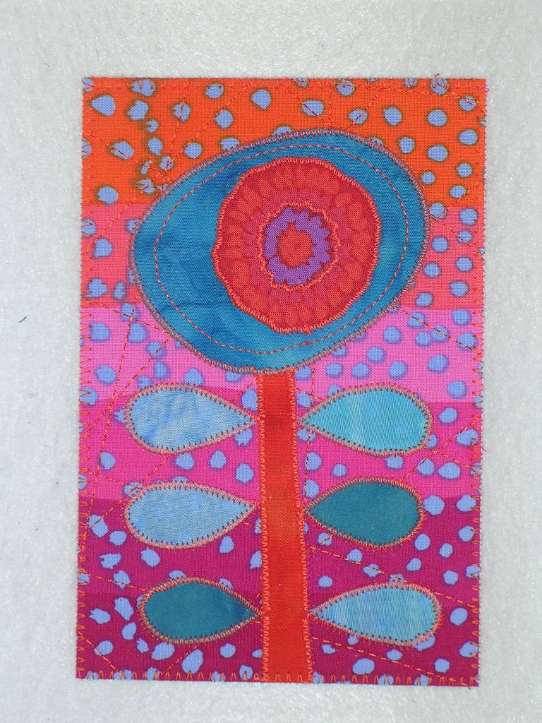 Flower   Applique Quilted Fabric Postcard  Whimsical Flower