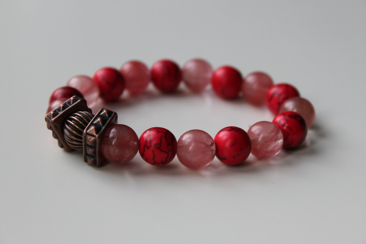 Gemstone  Beaded Stretch  Bracelet / Red Turquoise, Rose Quartz ,Copper  - Ready To Ship