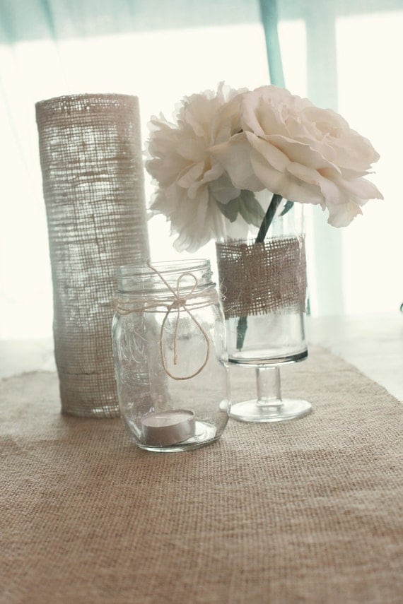 Burlap Centerpiece Set WEDDING reception centerpiece NATURAL glass votive candle mason jar KITCHEN decor