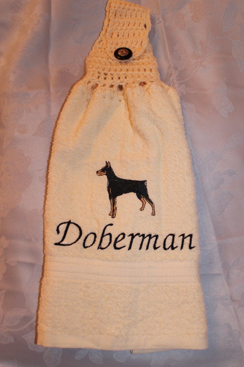 Doberman dog - Embroidered crochet topped hand towel (Free USA Shipping)