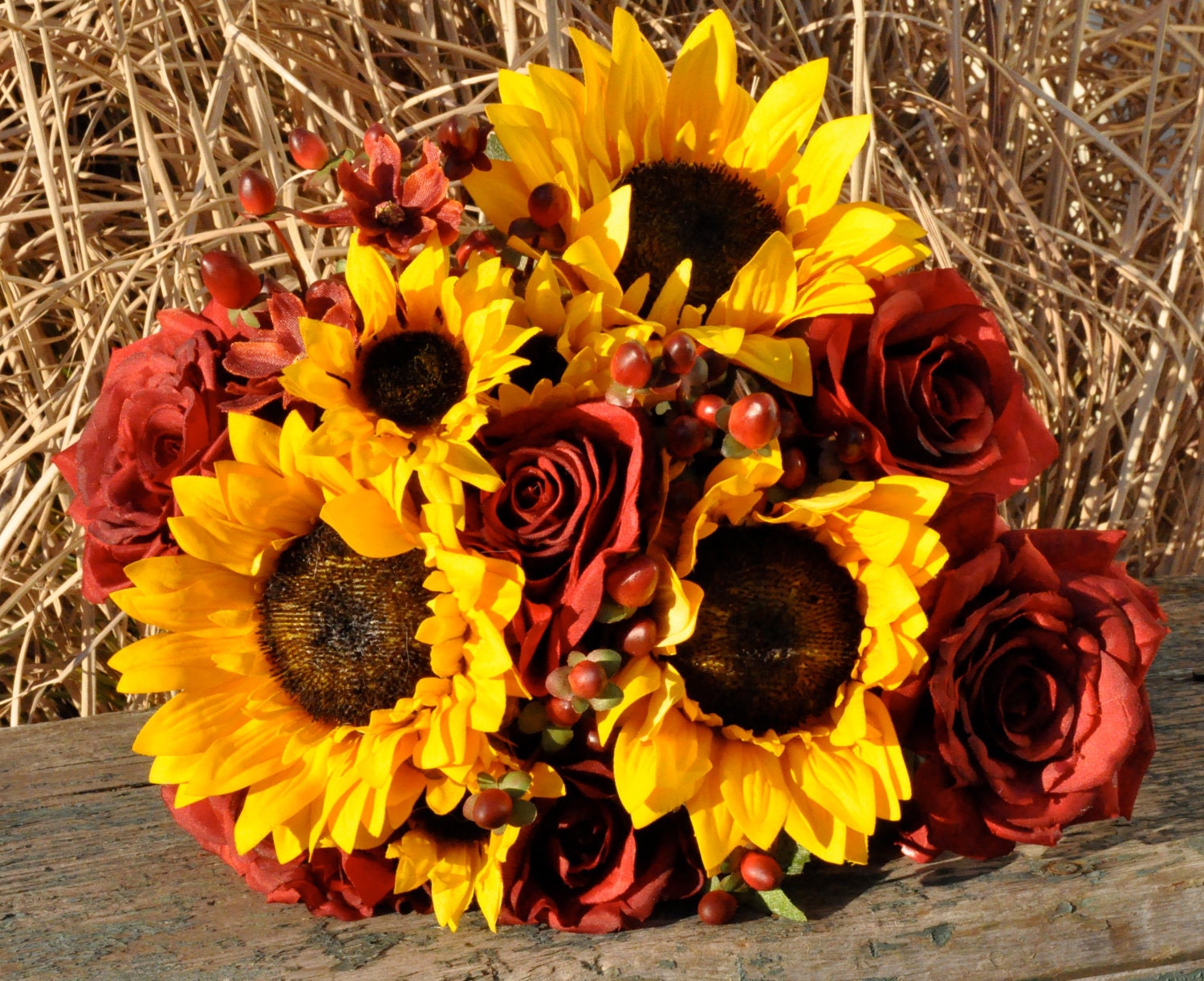 Fall wedding bouquet made of silk flowers.