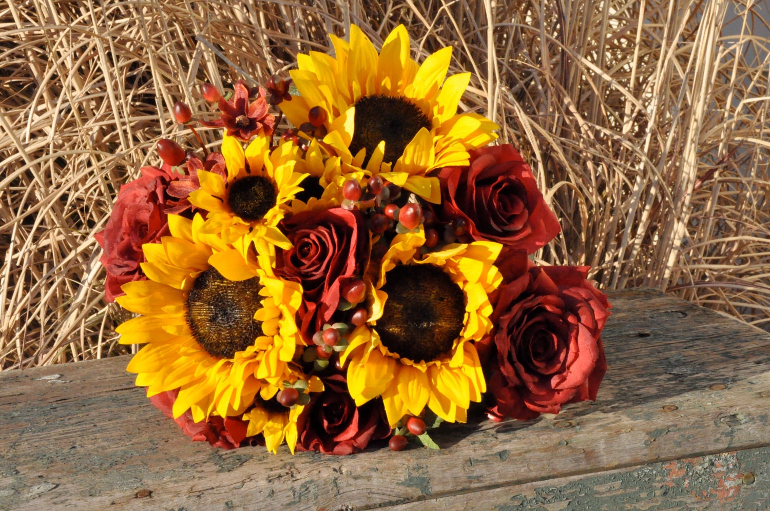 Fall wedding bouquet made of silk flowers.
