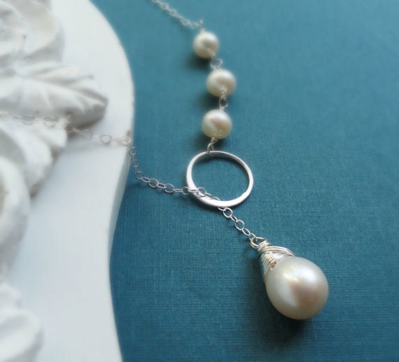 THREE Pearl Lariat Necklaces, Pearl drop necklaces, Bridesmaid gifts, Sterling silver, wire wrapped, bridesmaid gifts