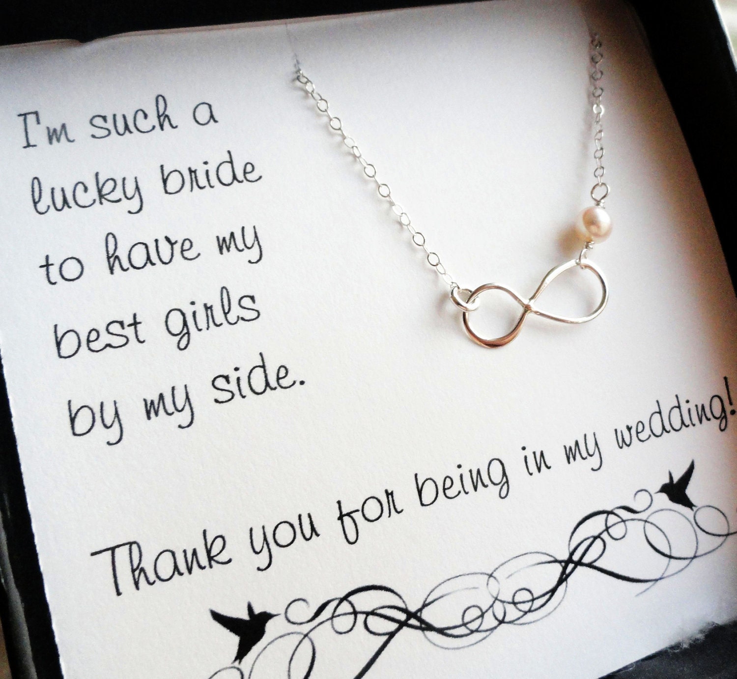 Bridesmaid gifts set of FIVE infinity necklaces and message cards, Bridesmaid necklaces, figure eight necklace