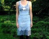 Vintage Altered Slip, Tye Dye Blue Slip with Rhinestone and Lace Accent