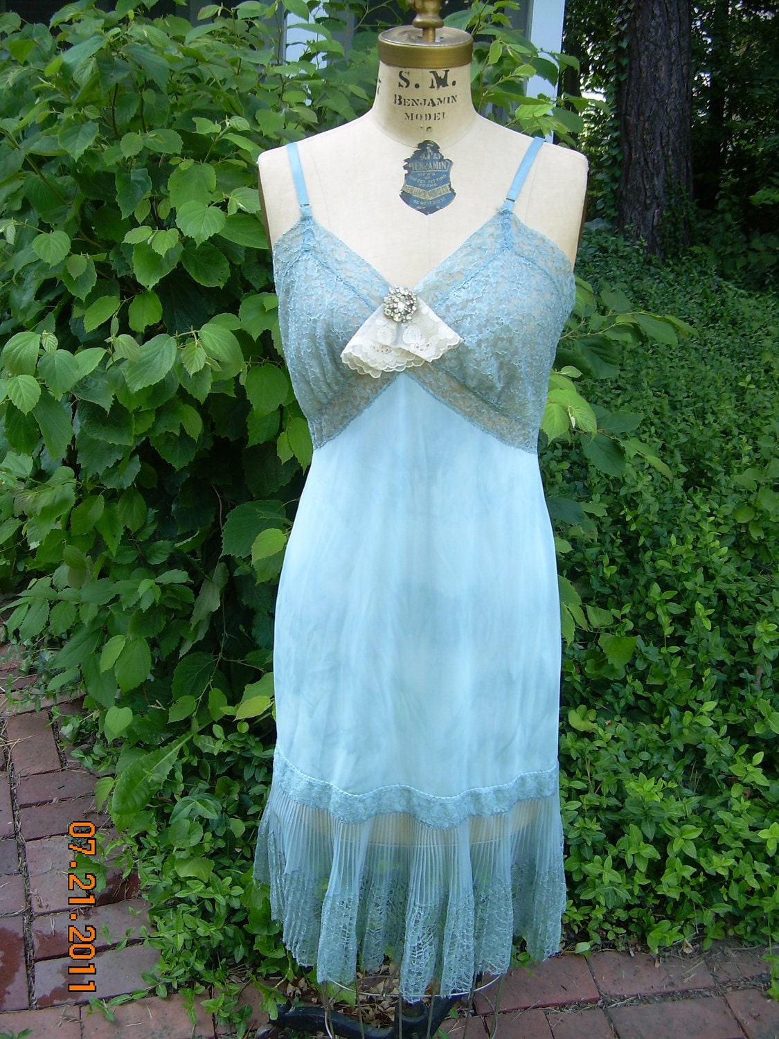 Vintage Altered RARE Style Blue Tye Dye Slip Dress with Rhinestone and Lace Accessory