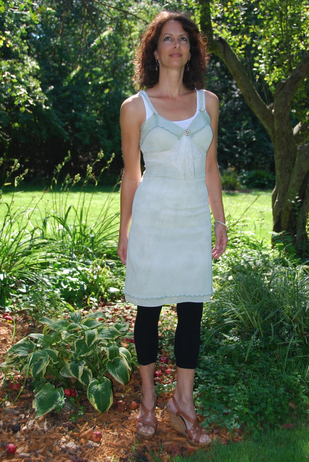 Pale Green Vintage Altered Tye Dye Slip Dress with Vintage Rhinestone Accents