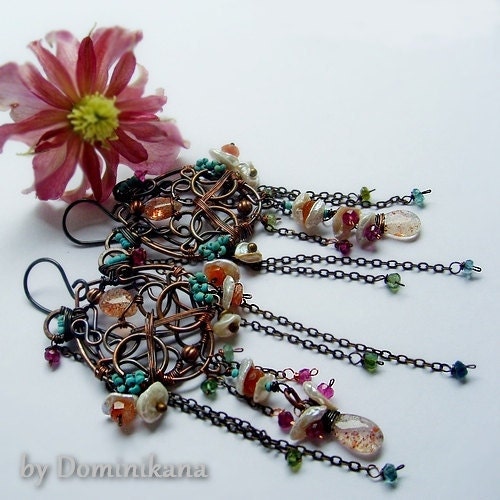 SIRENE,copper earrings, silver hooks, sun stone, keishi pearls, tourmaline, persian turquoise