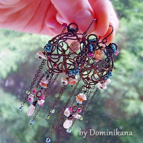 SIRENE,copper earrings, silver hooks, sun stone, keishi pearls, tourmaline, persian turquoise
