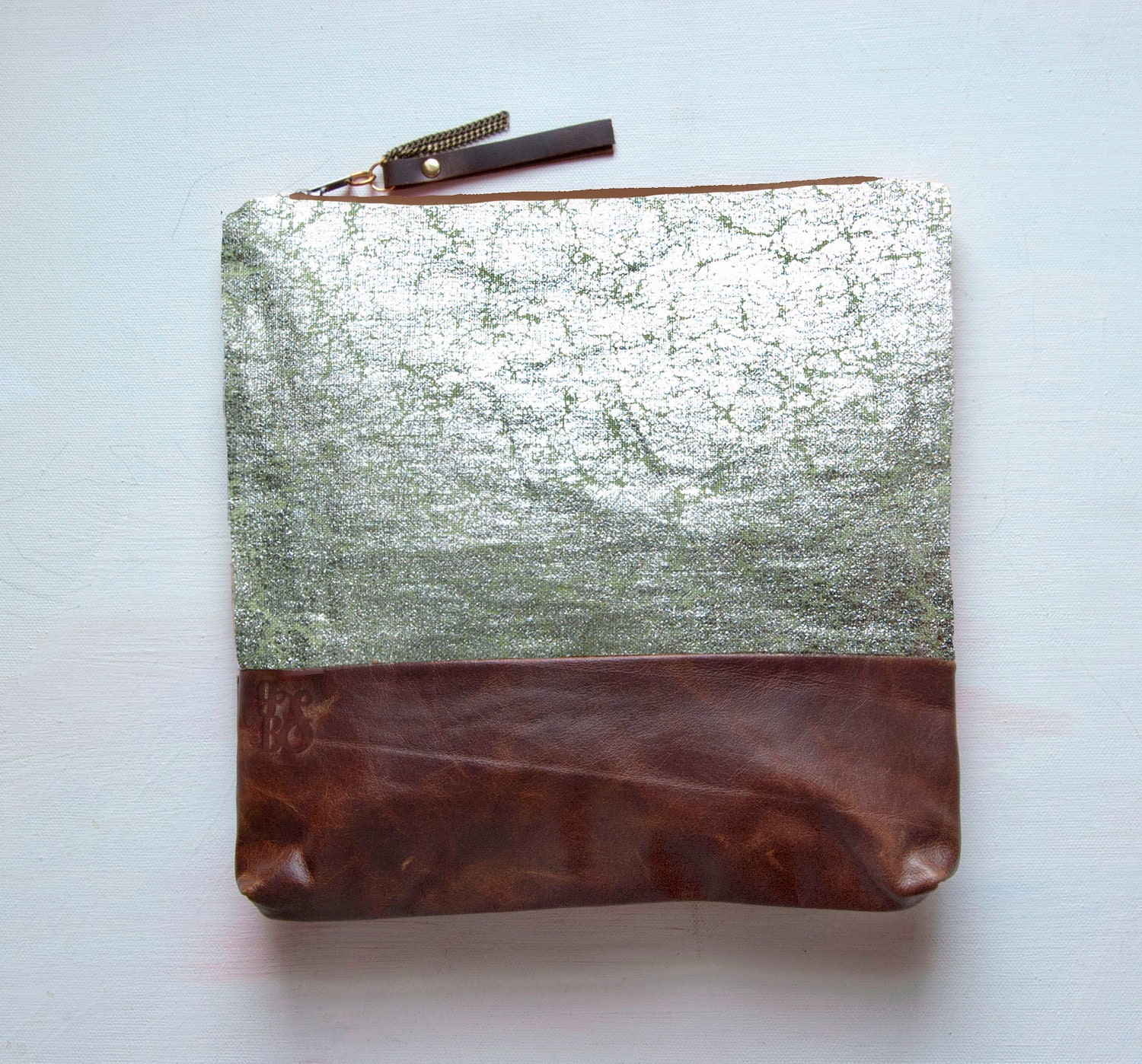 S I L V E R Metallic Leather Clutch. Large Make Up Bag. Green Tea Linen with Silver Foil