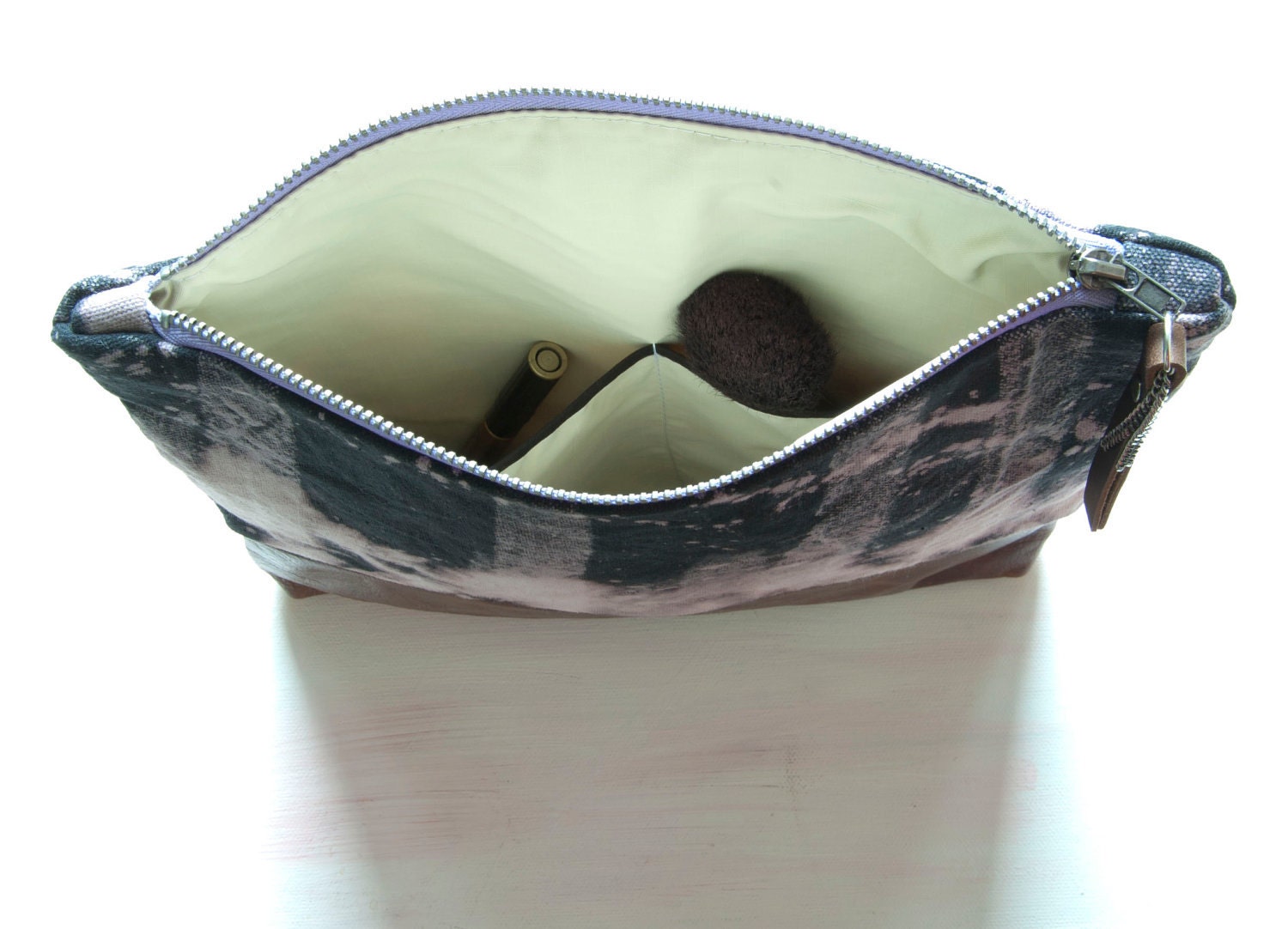 BLEACH Black Leather Clutch. Large MAKE UP Bag. Hand Dyed Cotton Tie Dye Clutch.