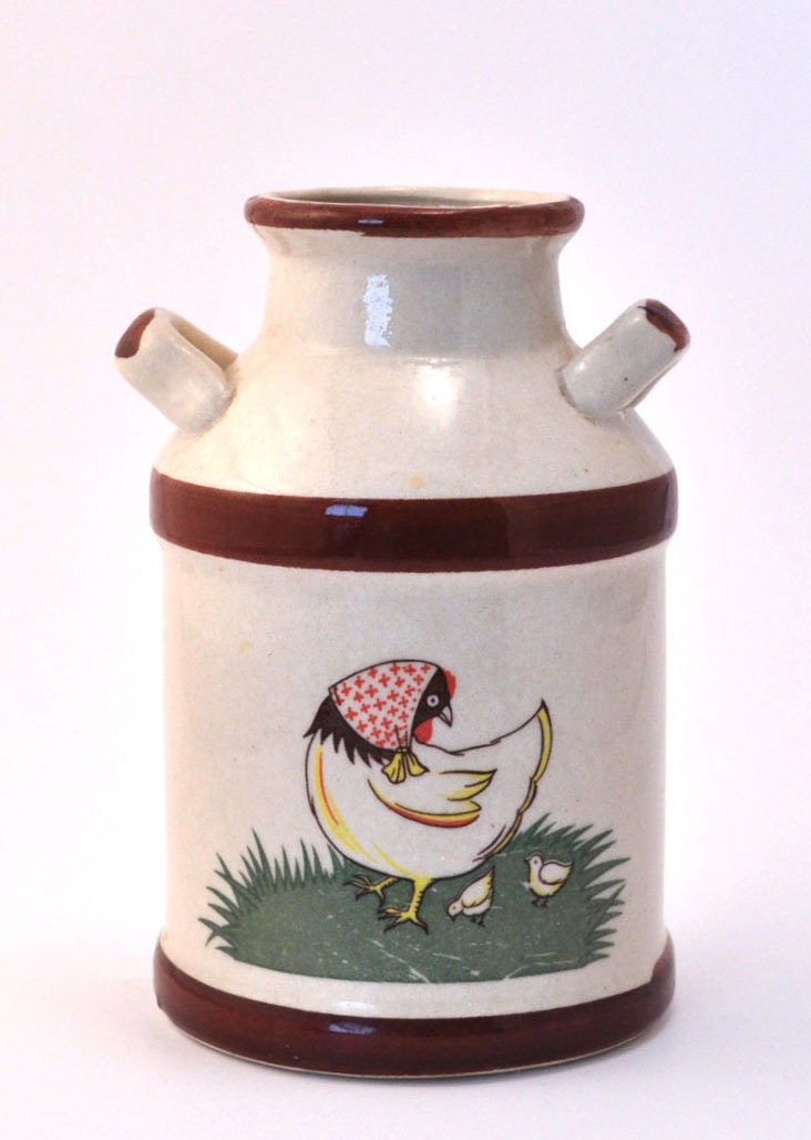 Vintage Ceramic Milk Bottle - Mother Hen and Chicks Country Jug
