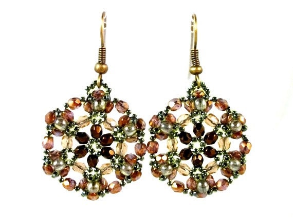 Copper and Green Earrings Bead Woven in Glass