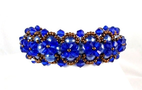 Crystal Beadwoven Bracelet in Royal Blue and Copper