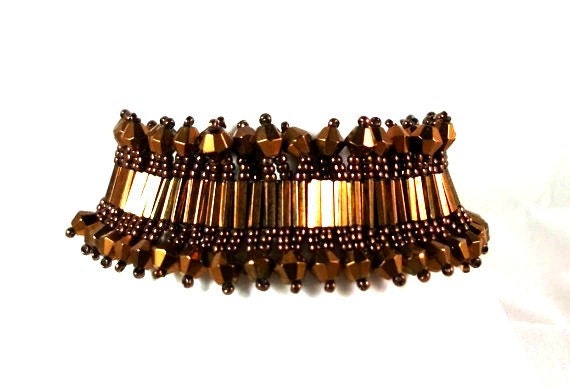Glass Bead Woven Bracelet With Copper Bicones And Bugle Beads