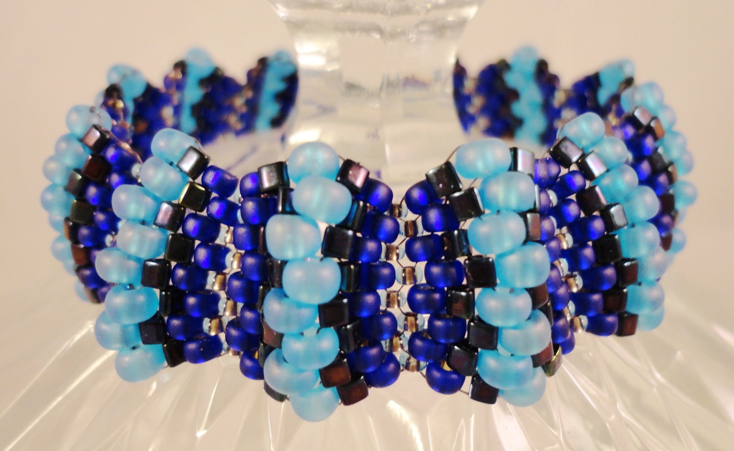 Blue Beaded Bracelet Woven in Royal Blue, Aqua Blue, and Midnight Blue Seed Bead Stripes 7 1/2 Inches